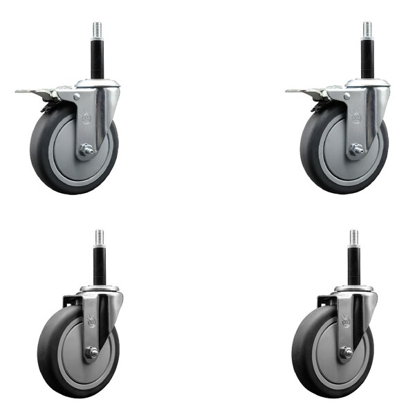 5'' Thermoplastic Rubber Swivel 3/4'' Expanding Stem Caster Set 2 Total Lock Brakes, 4PK